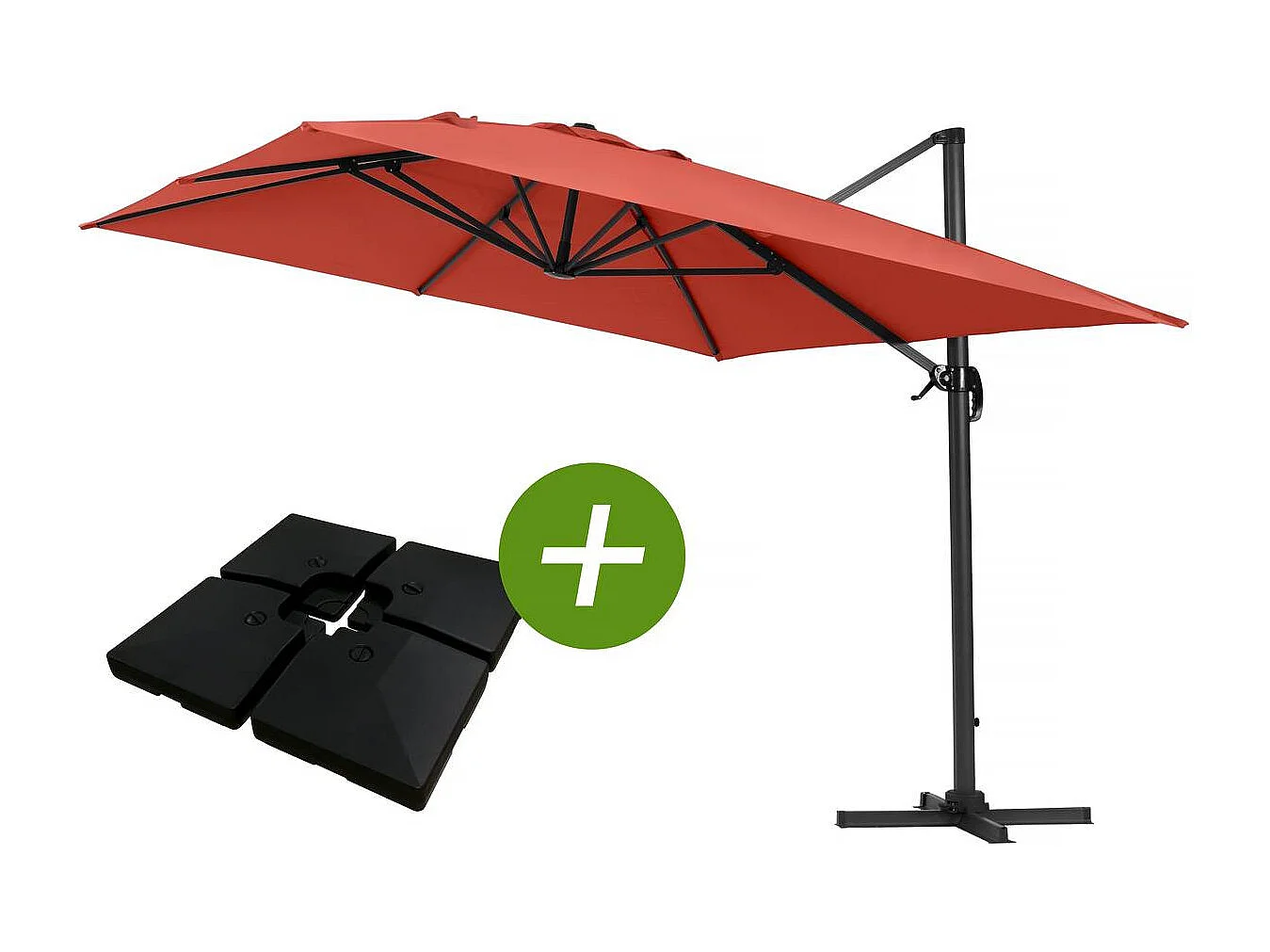 Parasol jardin déporté Alu "Sun 4 " - Rectangle - 3 x 4 m - Rouge - Dalles à lester incluses