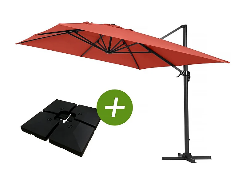 Parasol jardin déporté Alu "Sun 4 " - Rectangle - 3 x 4 m - Rouge - Dalles à lester incluses