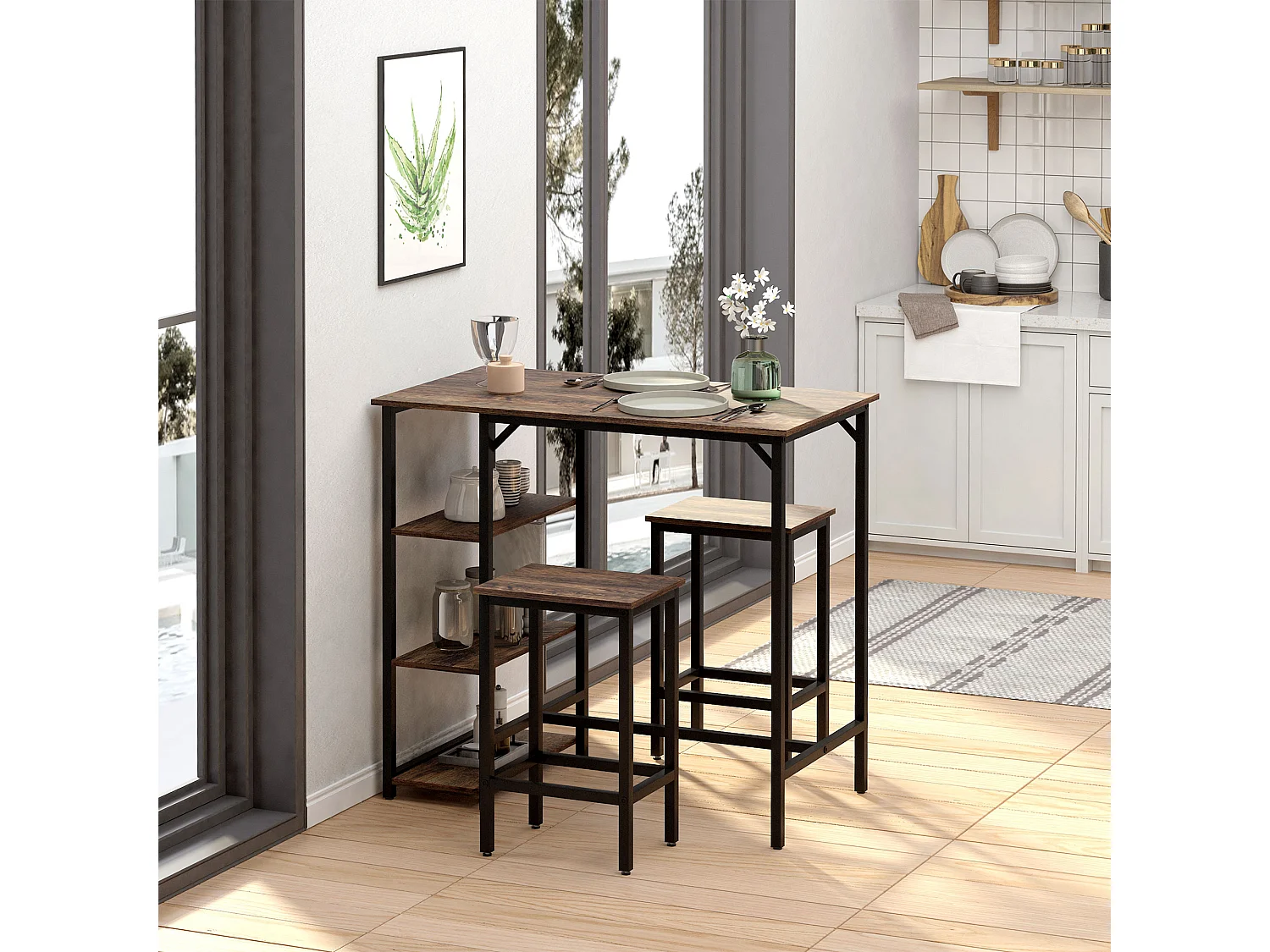 Set de mesa de bar y taburetes marrón rústico 109x60x100 cm HOMCOM