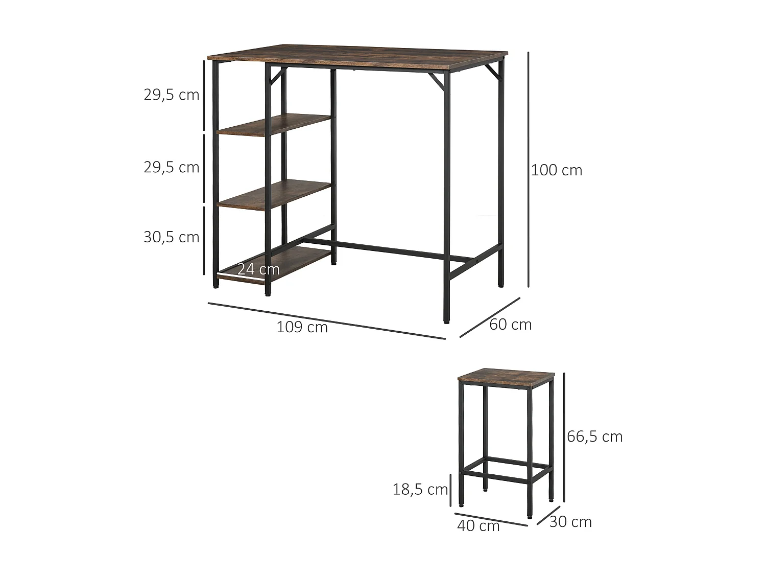 Set de mesa de bar y taburetes marrón rústico 109x60x100 cm HOMCOM