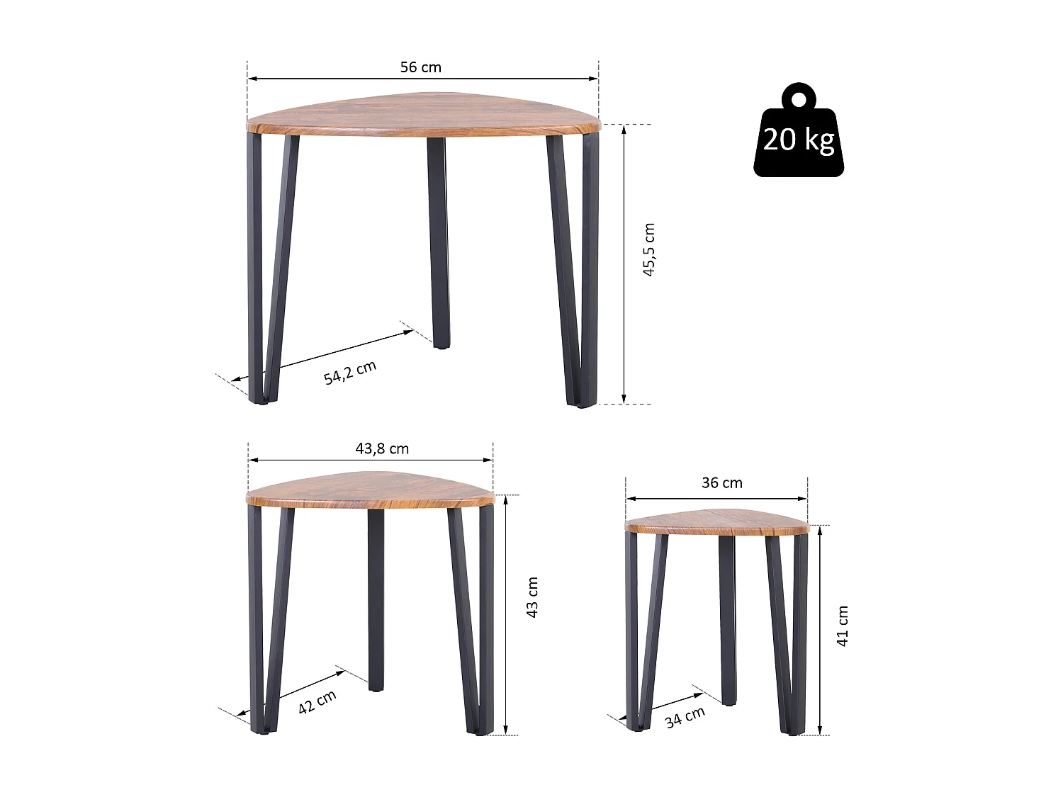 Mesitas de café nogal, negro 56x54.2x45.4cm HOMCOM