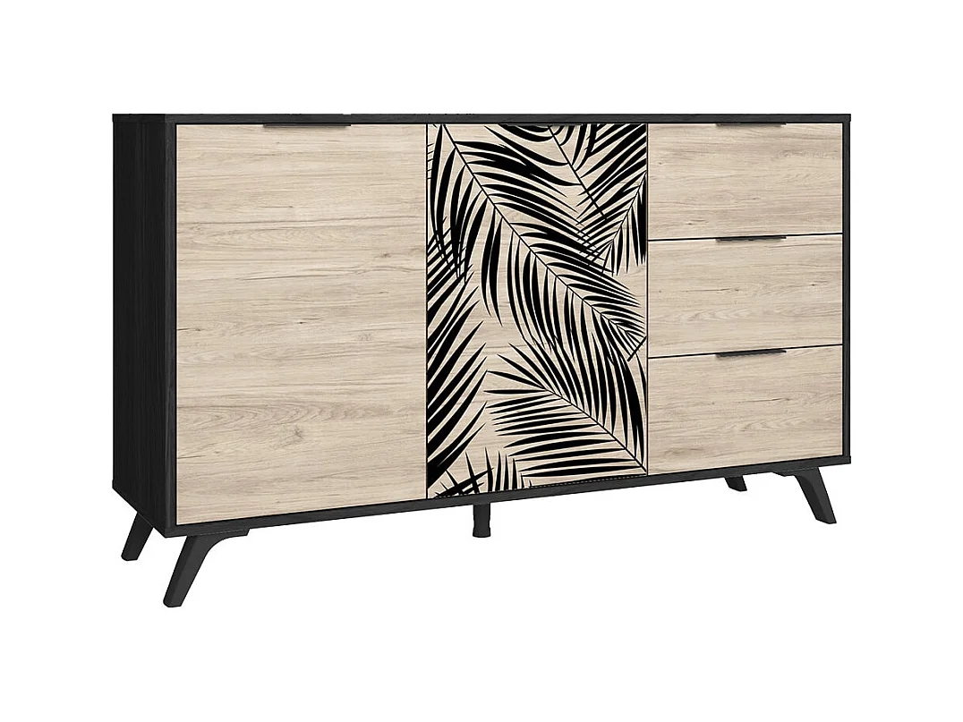 PARELLA - Buffet 2 Portes 3 Tiroirs Effet Chêne Motif Feuilles de Palmier Noir
