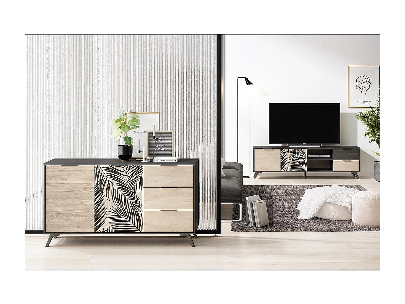 PARELLA - Buffet 2 Portes 3 Tiroirs Effet Chêne Motif Feuilles de Palmier Noir