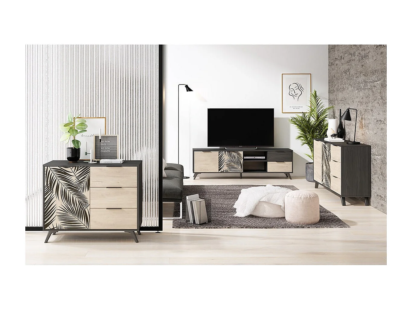 PARELLA - Buffet 2 Portes 3 Tiroirs Effet Chêne Motif Feuilles de Palmier Noir