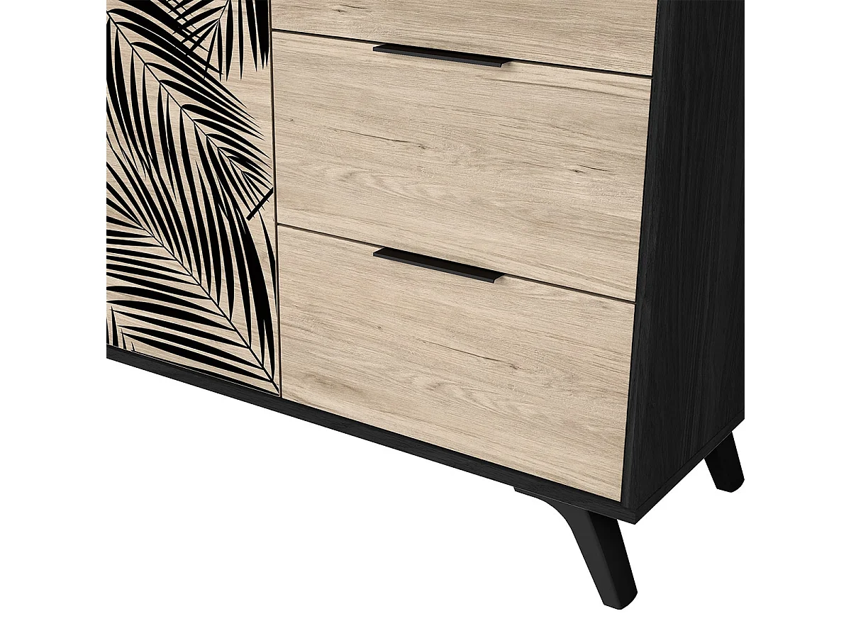 PARELLA - Buffet 2 Portes 3 Tiroirs Effet Chêne Motif Feuilles de Palmier Noir