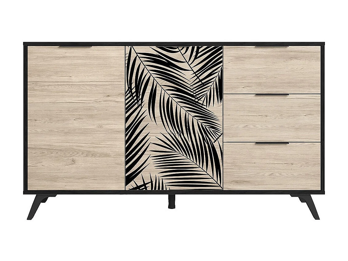 PARELLA - Buffet 2 Portes 3 Tiroirs Effet Chêne Motif Feuilles de Palmier Noir