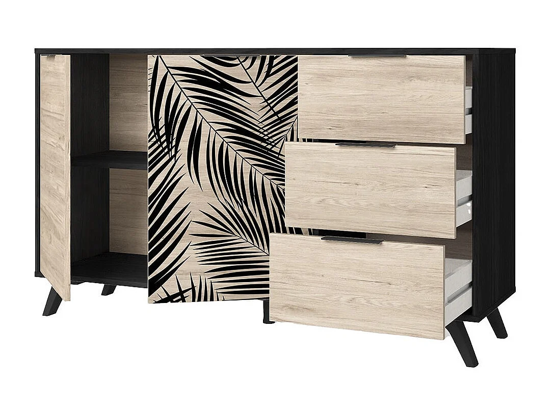 PARELLA - Buffet 2 Portes 3 Tiroirs Effet Chêne Motif Feuilles de Palmier Noir