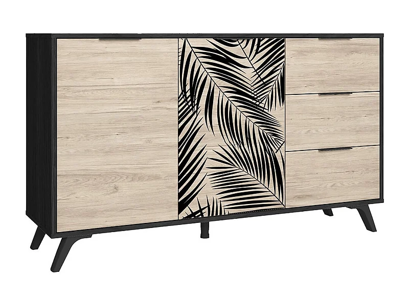 PARELLA - Buffet 2 Portes 3 Tiroirs Effet Chêne Motif Feuilles de Palmier Noir