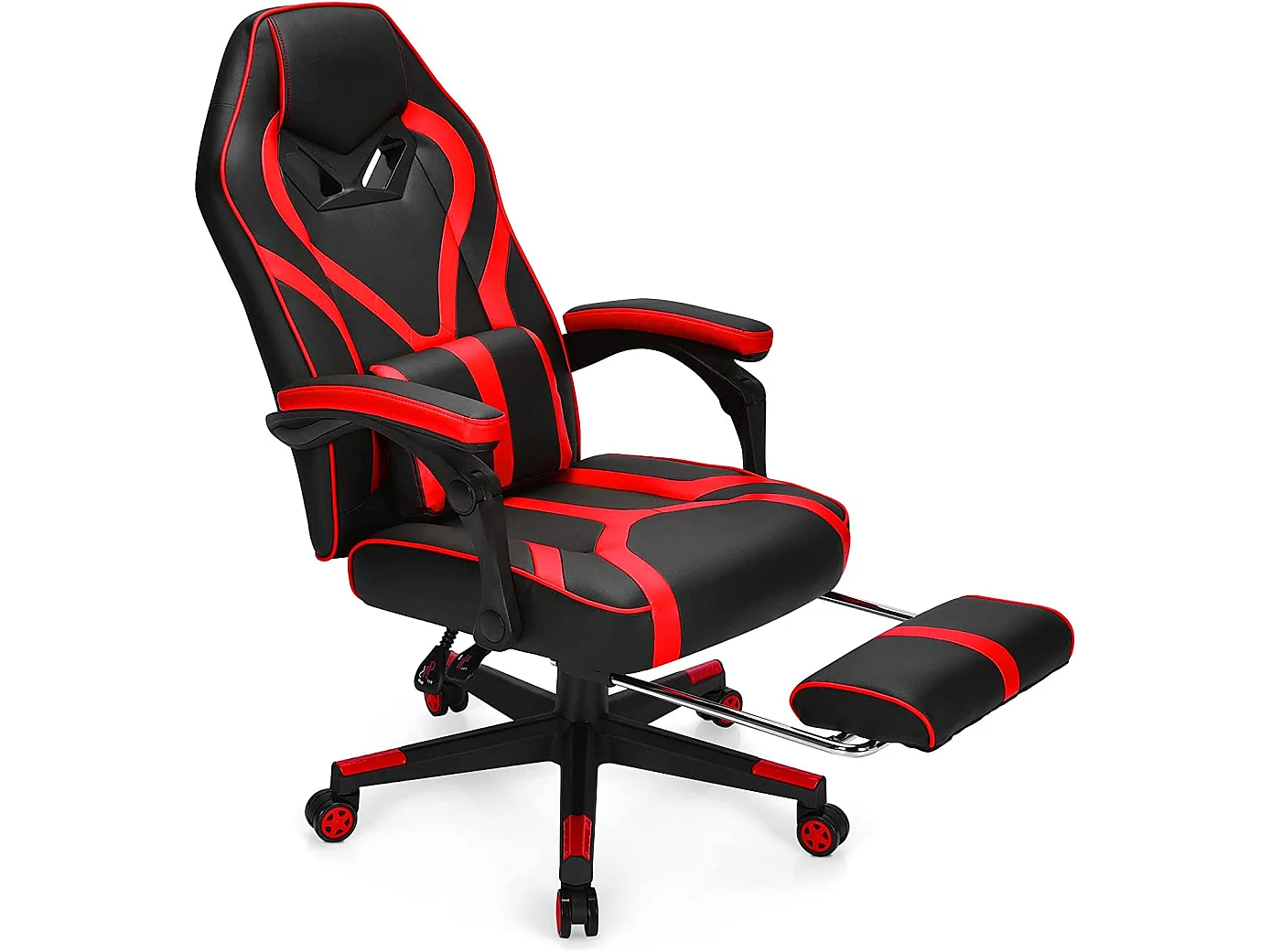 Chaise Gaming Cuir PVC, Siège Gamer Pivotante Ergonomique, Fauteuil de Bureau Repose-Pieds Rétractable, Réglable en Hauteur et Dossier Réglable Charge 150kg (Rouge)