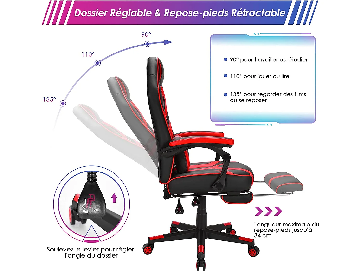 Chaise Gaming Cuir PVC, Siège Gamer Pivotante Ergonomique, Fauteuil de Bureau Repose-Pieds Rétractable, Réglable en Hauteur et Dossier Réglable Charge 150kg (Rouge)