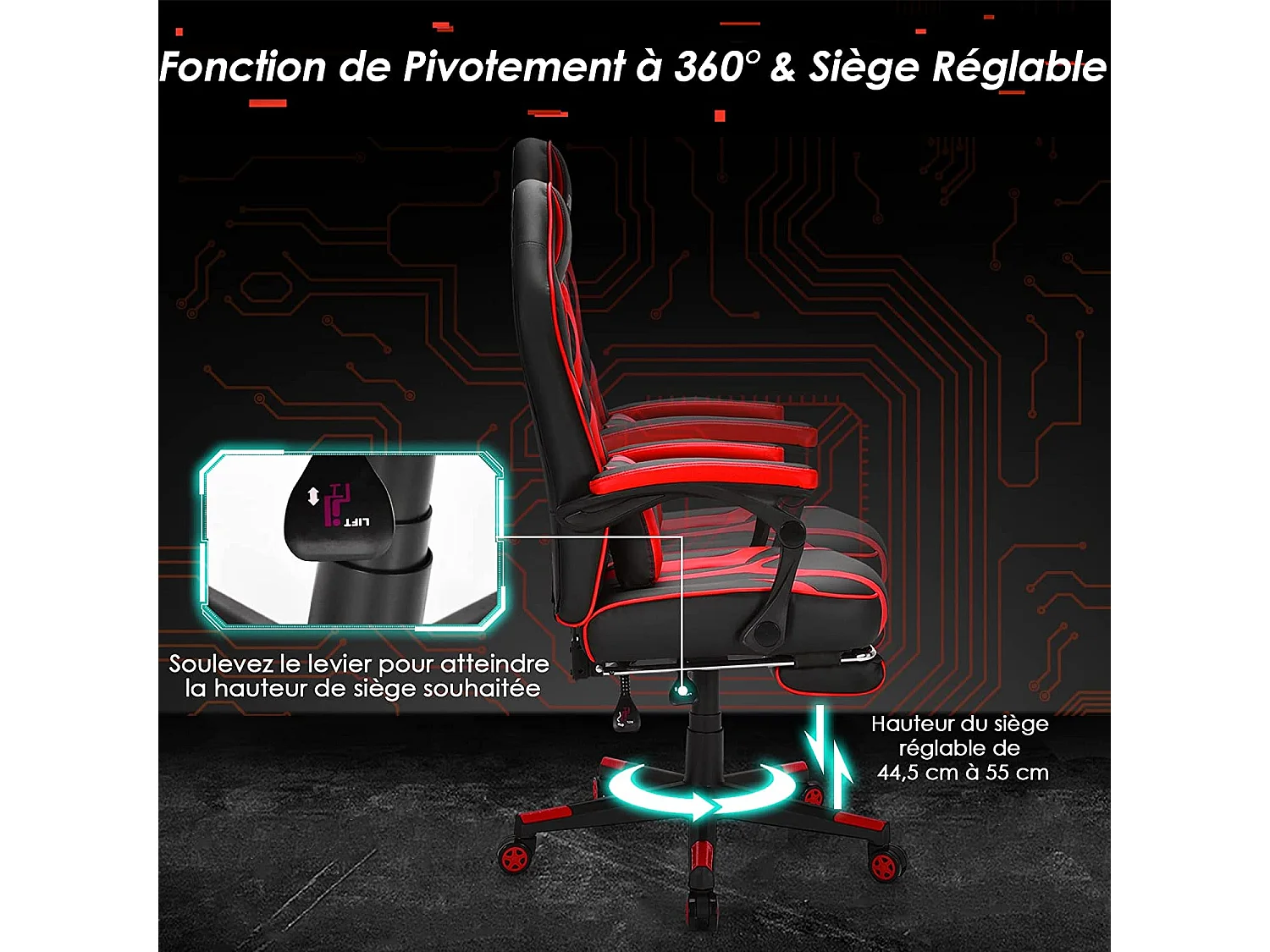 Chaise Gaming Cuir PVC, Siège Gamer Pivotante Ergonomique, Fauteuil de Bureau Repose-Pieds Rétractable, Réglable en Hauteur et Dossier Réglable Charge 150kg (Rouge)