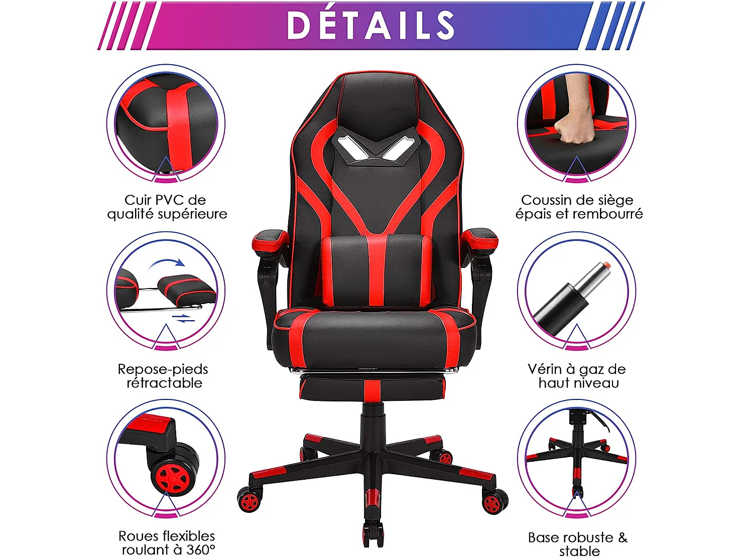 Chaise Gaming Cuir PVC, Siège Gamer Pivotante Ergonomique, Fauteuil de Bureau Repose-Pieds Rétractable, Réglable en Hauteur et Dossier Réglable Charge 150kg (Rouge)