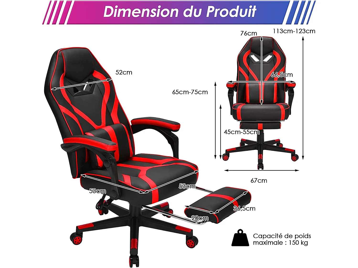 Chaise Gaming Cuir PVC, Siège Gamer Pivotante Ergonomique, Fauteuil de Bureau Repose-Pieds Rétractable, Réglable en Hauteur et Dossier Réglable Charge 150kg (Rouge)