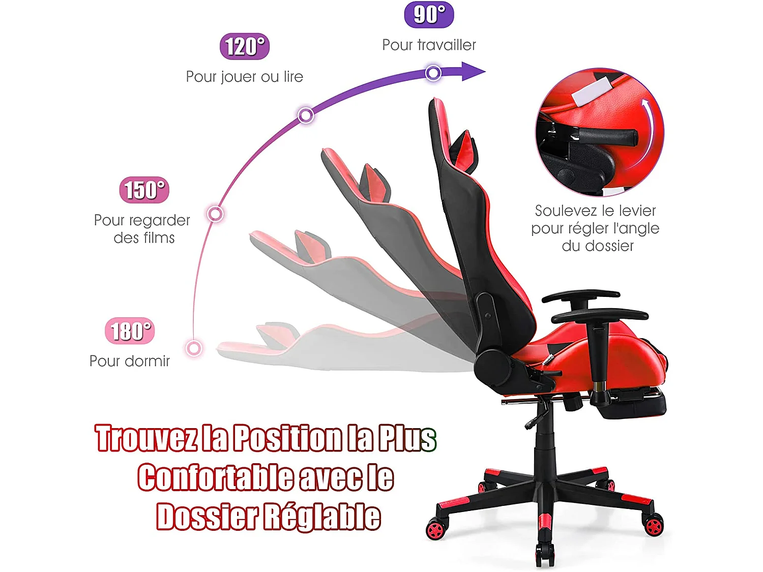 Chaise Gaming, Siège Gamer Pivotante Ergonomique Rouge, Capacité de poids 150kg