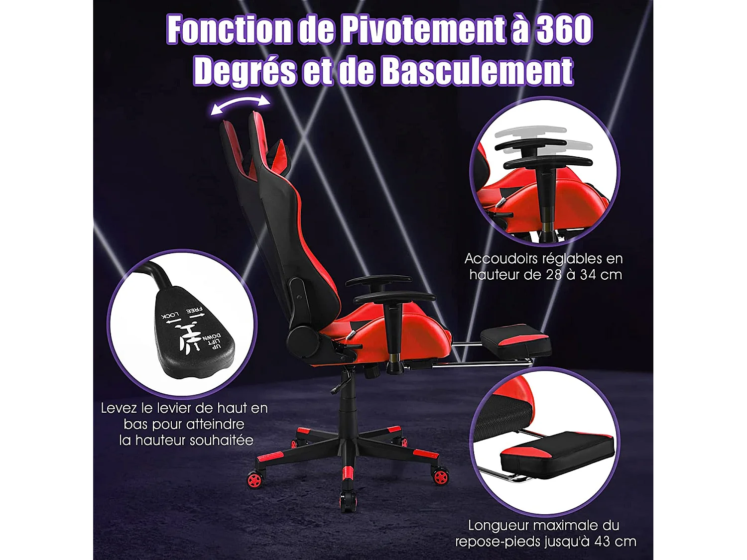 Chaise Gaming, Siège Gamer Pivotante Ergonomique Rouge, Capacité de poids 150kg