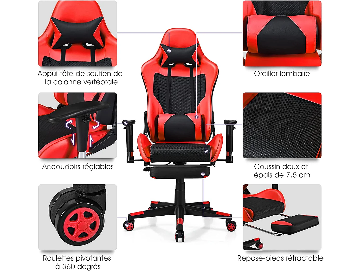 Chaise Gaming, Siège Gamer Pivotante Ergonomique Rouge, Capacité de poids 150kg