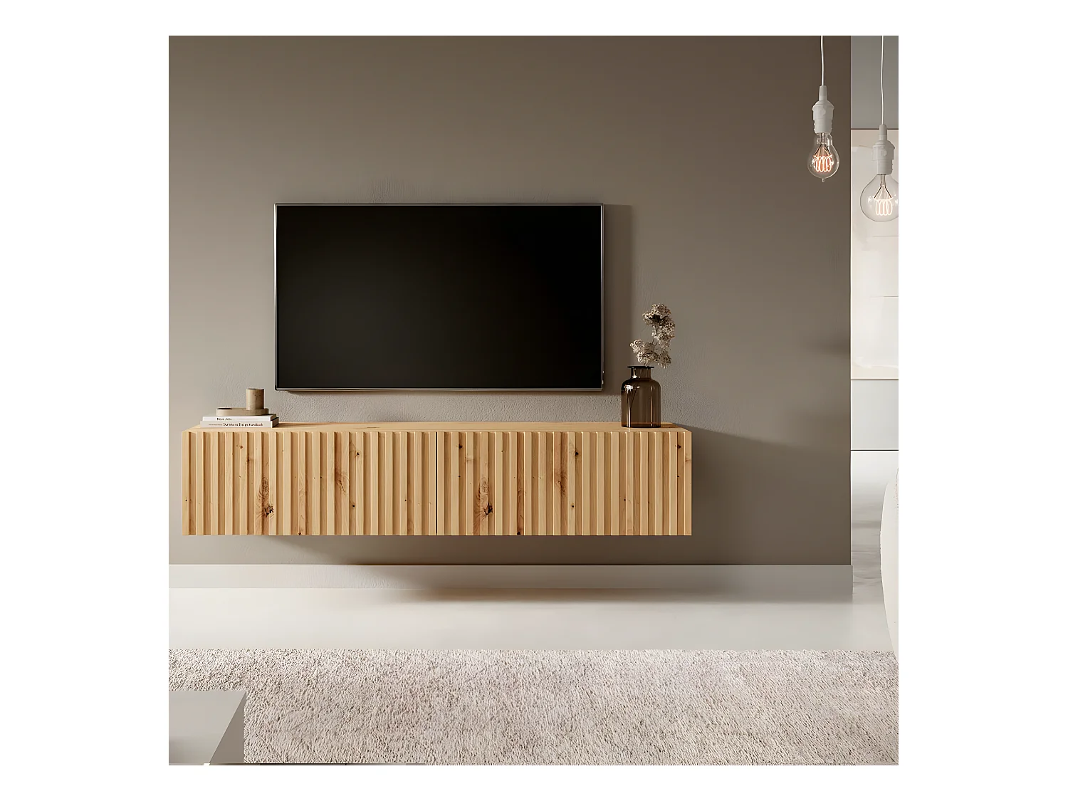 Mueble de TV colgante - roble artesano con frente de lamas - 140 cm - Telire