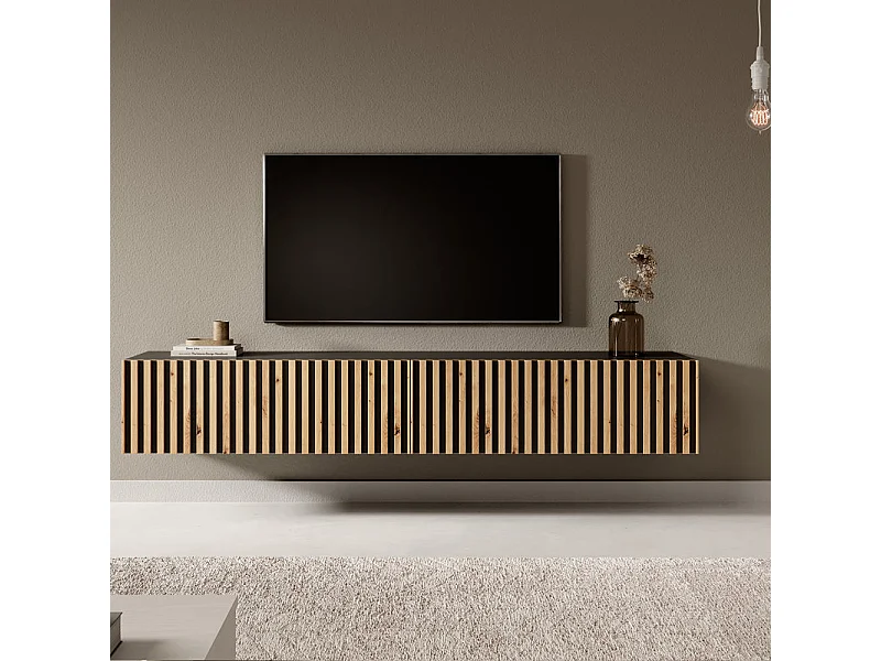 Meuble TV 175 cm - noir avec façade artisanale chêne fraisé - TELIRE