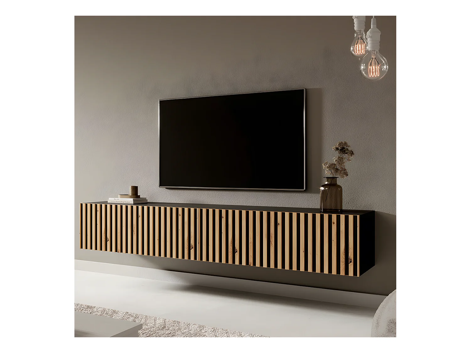 TV-Lowboard stehend in Schwarz mit Wotan Eiche - Lamellenfronten, 175 cm - Telire