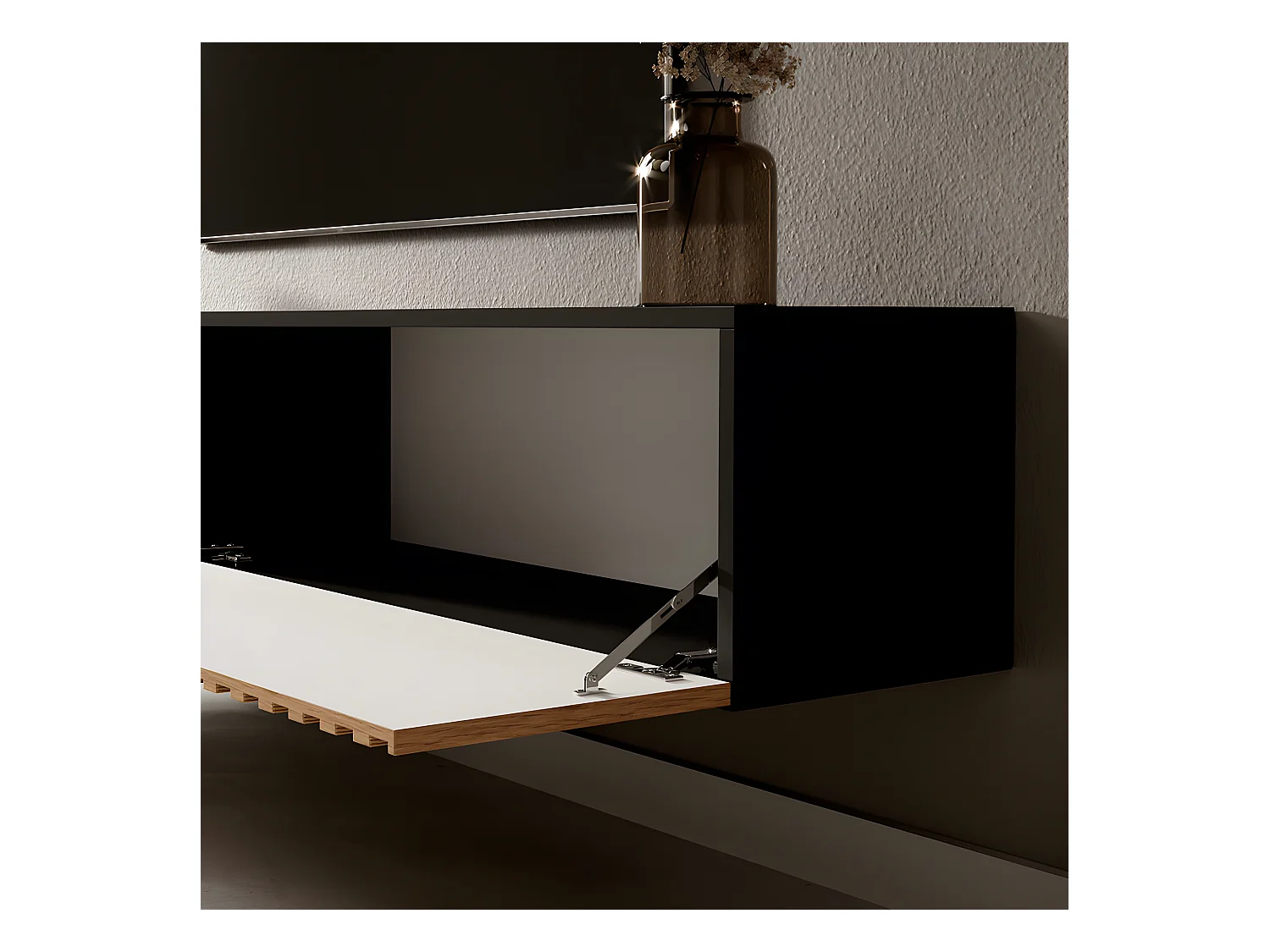 TV-Lowboard stehend in Schwarz mit Wotan Eiche - Lamellenfronten, 175 cm - Telire