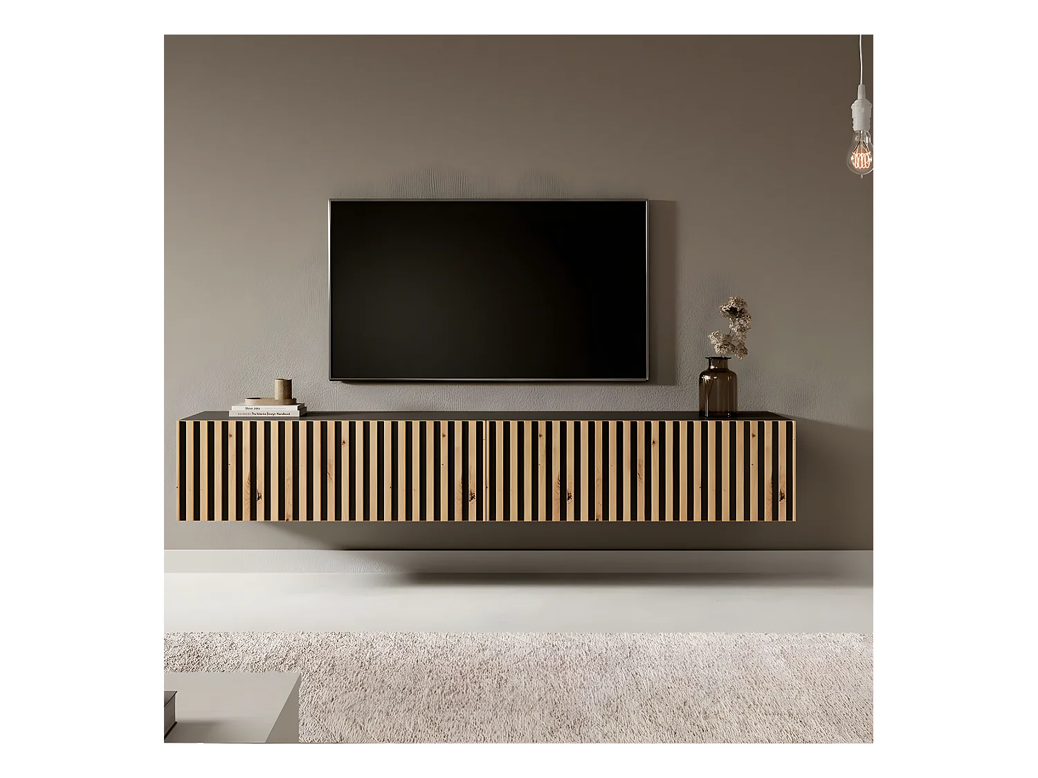 Meuble TV 175 cm - noir avec façade artisanale chêne fraisé - TELIRE