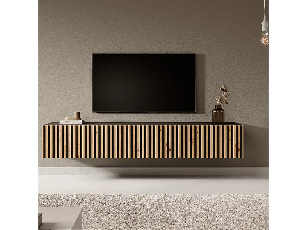 Meuble TV 175 cm - noir avec façade artisanale chêne fraisé - TELIRE