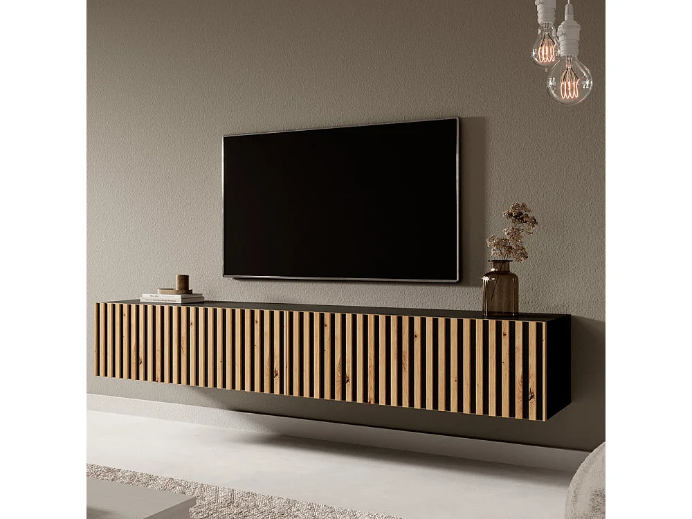 Meuble TV 175 cm - noir avec façade artisanale chêne fraisé - TELIRE
