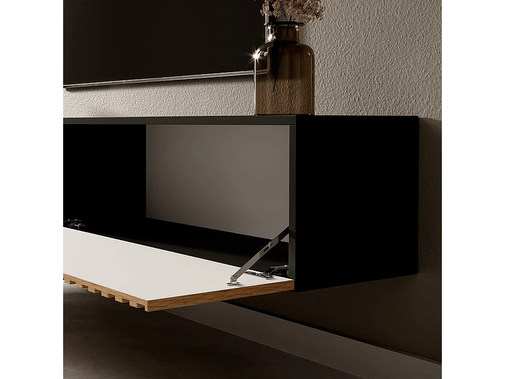 Meuble TV 175 cm - noir avec façade artisanale chêne fraisé - TELIRE