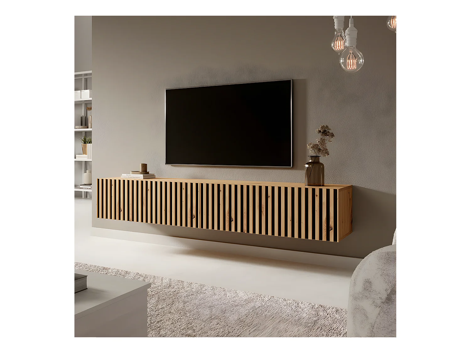 TV-Lowboard stehend in Wotan Eiche, Lamellenfront, mit schwarzen Einsätzen, 175 cm - Telire