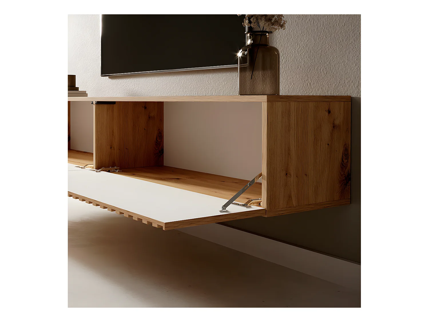 TV-Lowboard stehend in Wotan Eiche, Lamellenfront, mit schwarzen Einsätzen, 175 cm - Telire