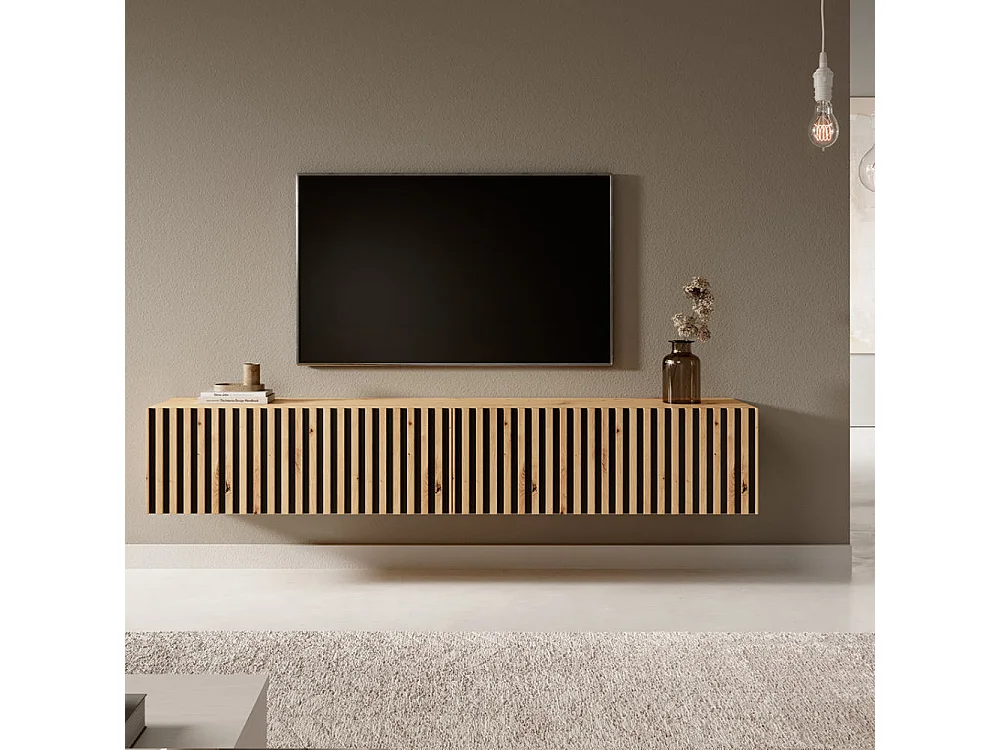 Meuble TV 175 cm - en chêne artisan avec façade fraisée et inserts noirs - TELIRE