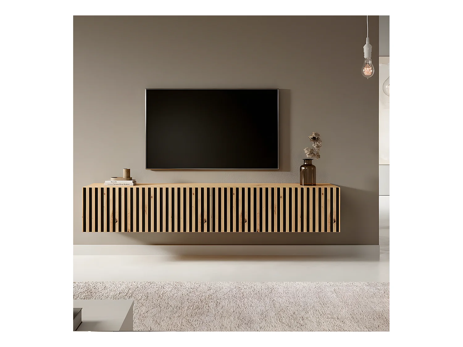Meuble TV 175 cm - en chêne artisan avec façade fraisée et inserts noirs - TELIRE