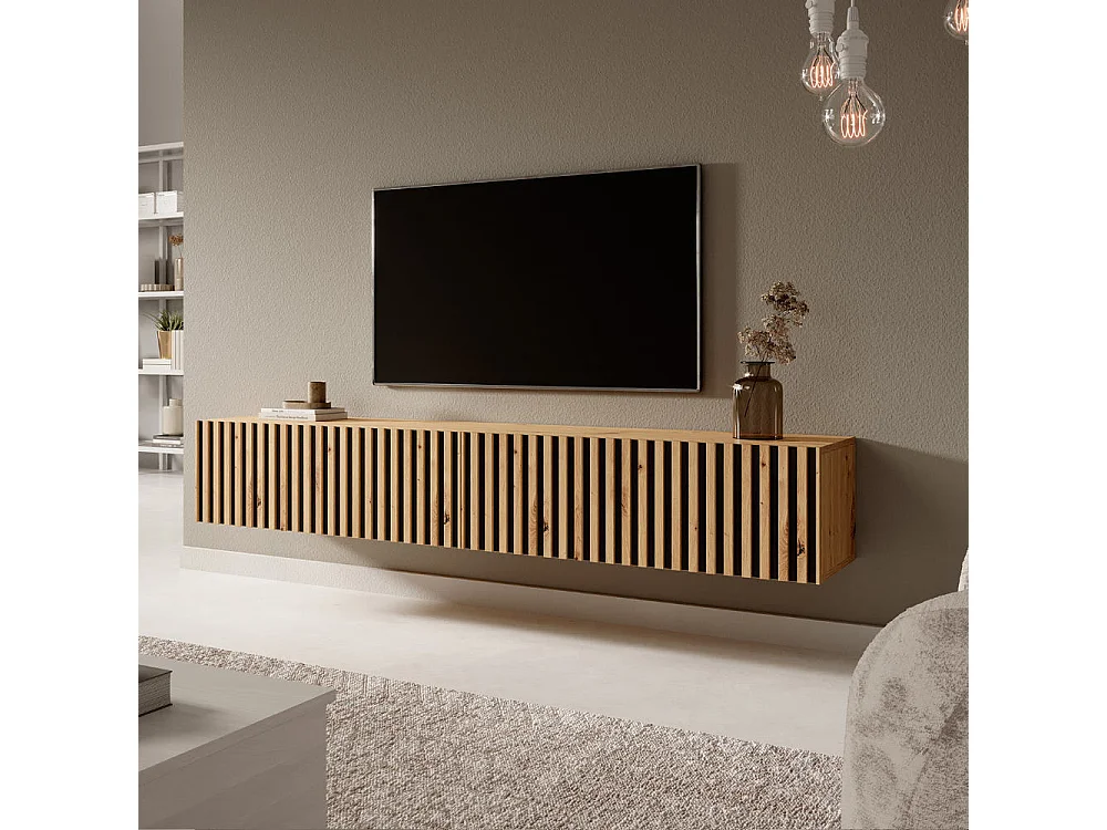 TV-meubel 175 cm - in ambachtelijk eikenhout met gefreesd front en zwarte inzetstukken - TELIRE