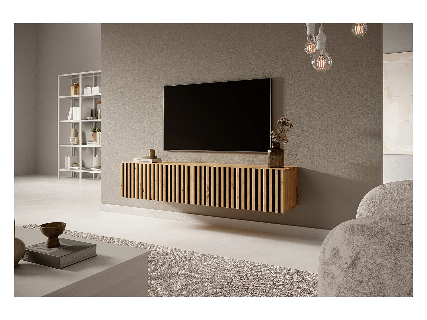 TV-Schrank - 140 cm - Artisan Oak mit Lamellenfront und schwarzen Einsätzen - Telire