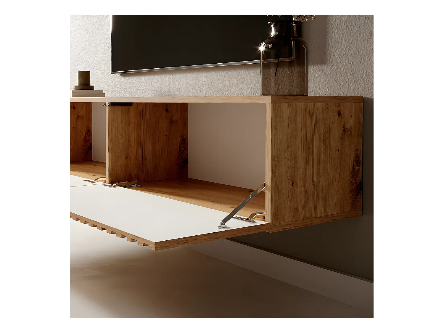 TV-Schrank - 140 cm - Artisan Oak mit Lamellenfront und schwarzen Einsätzen - Telire