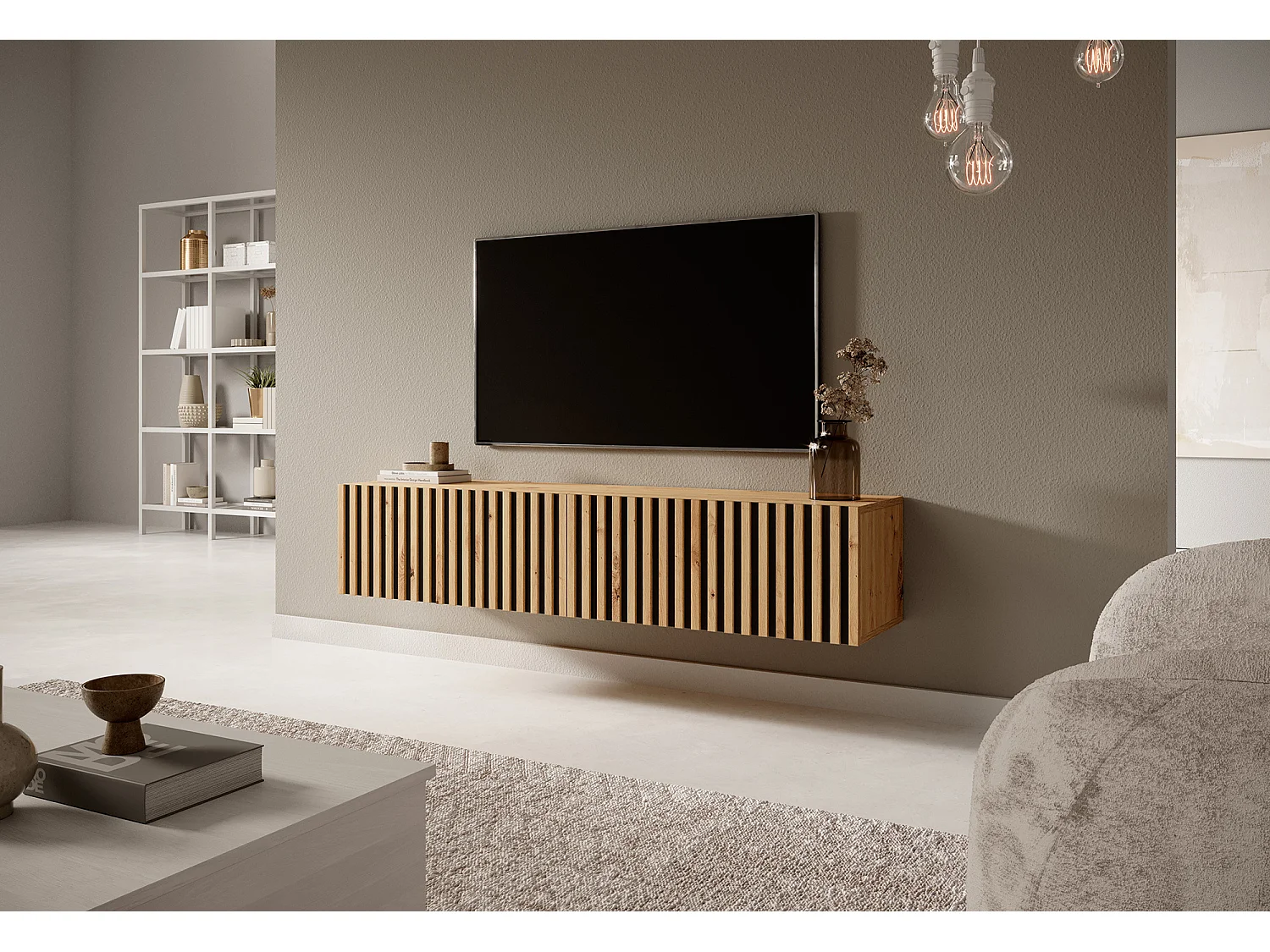 Meuble TV 140 cm - en chêne artisan avec façade fraisée et inserts noirs - TELIRE