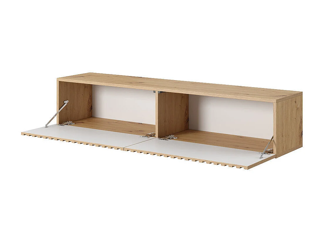 Meuble TV 140 cm - en chêne artisan avec façade fraisée et inserts noirs - TELIRE