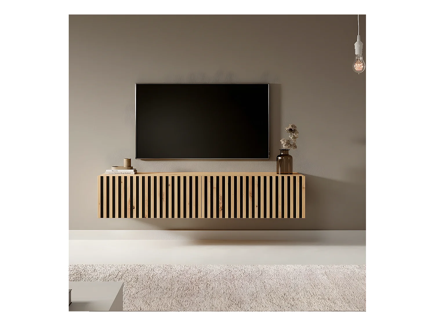 Meuble TV 140 cm - en chêne artisan avec façade fraisée et inserts noirs - TELIRE