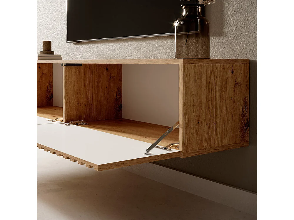 Meuble TV 140 cm - en chêne artisan avec façade fraisée et inserts noirs - TELIRE