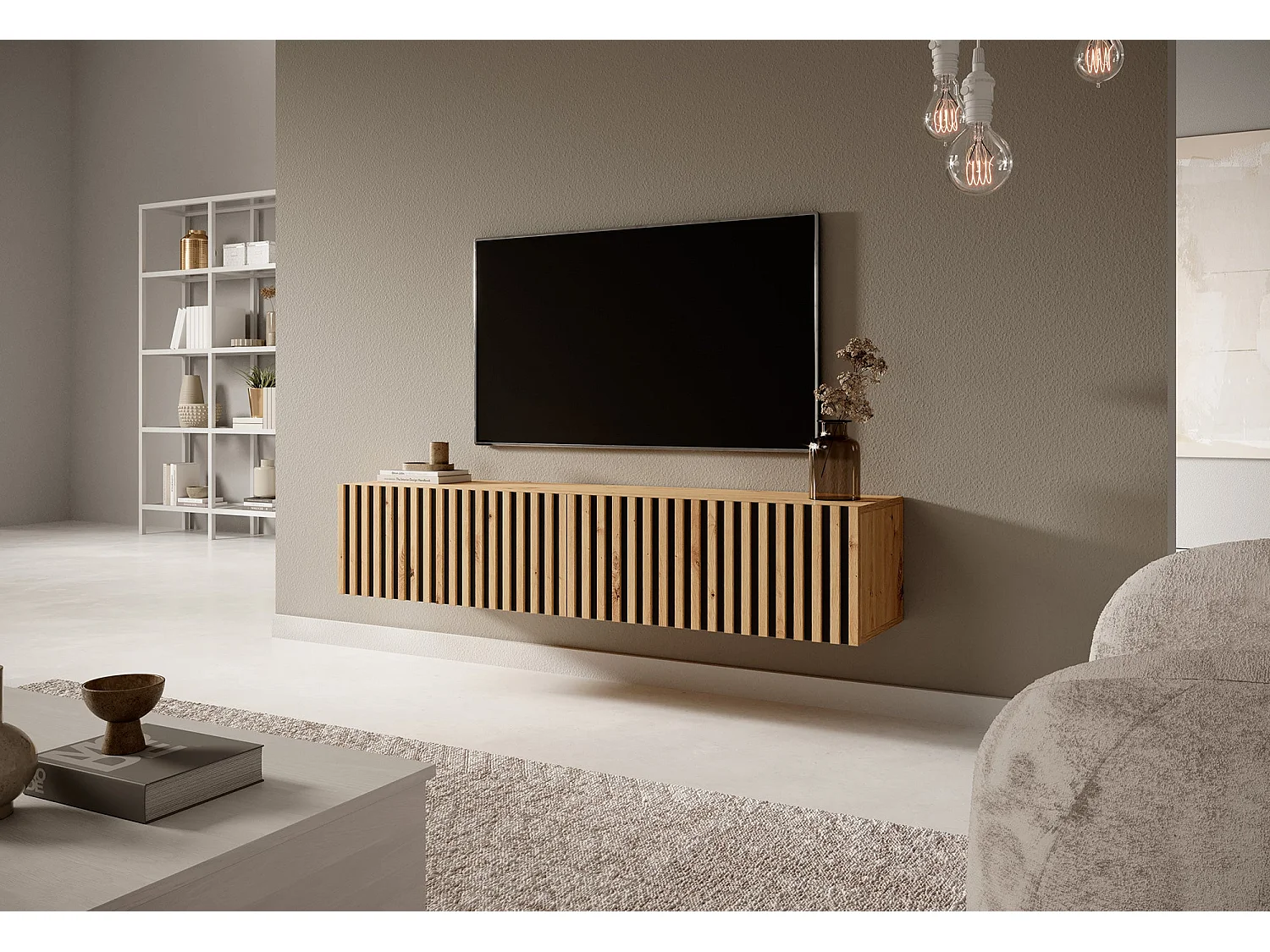 TV-meubel 140 cm - in ambachtelijk eikenhout met gefreesd front en zwarte inzetstukken - TELIRE