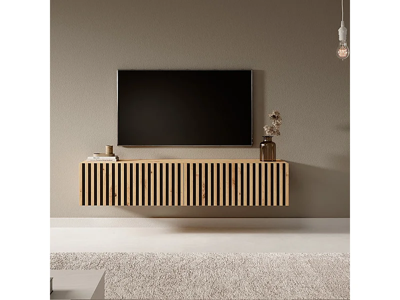 Meuble TV 140 cm - en chêne artisan avec façade fraisée et inserts noirs - TELIRE