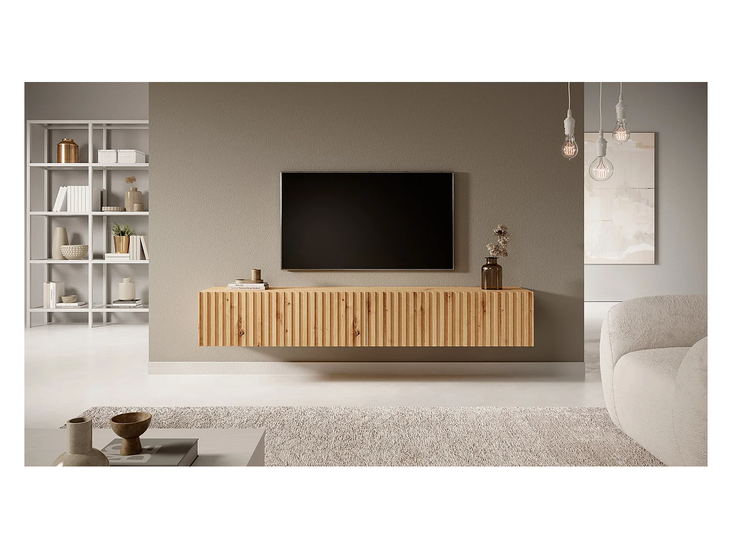 Meuble TV 175 cm - en chêne artisan avec façade fraisée - TELIRE