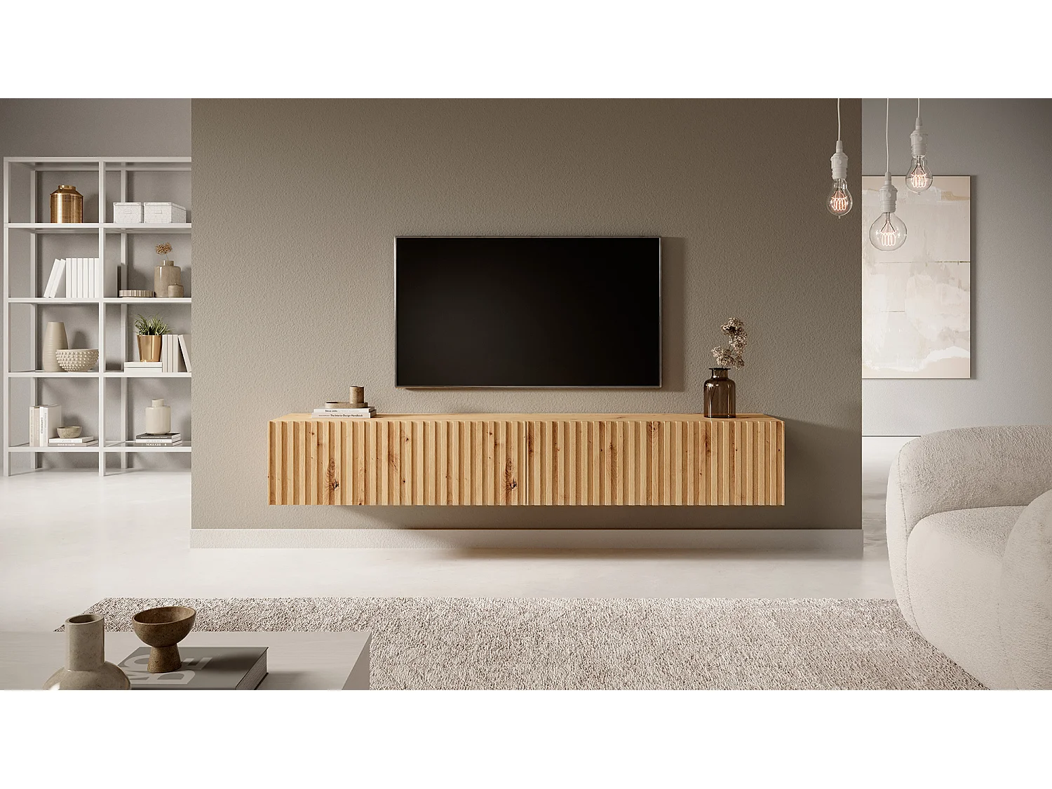 Meuble TV 175 cm - en chêne artisan avec façade fraisée - TELIRE