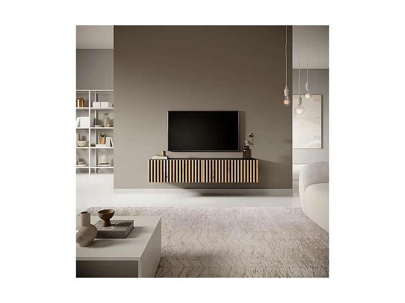 TV-Schrank - 140 cm - schwarz mit handwerklicher Eichen-Lamellenfront - Telire