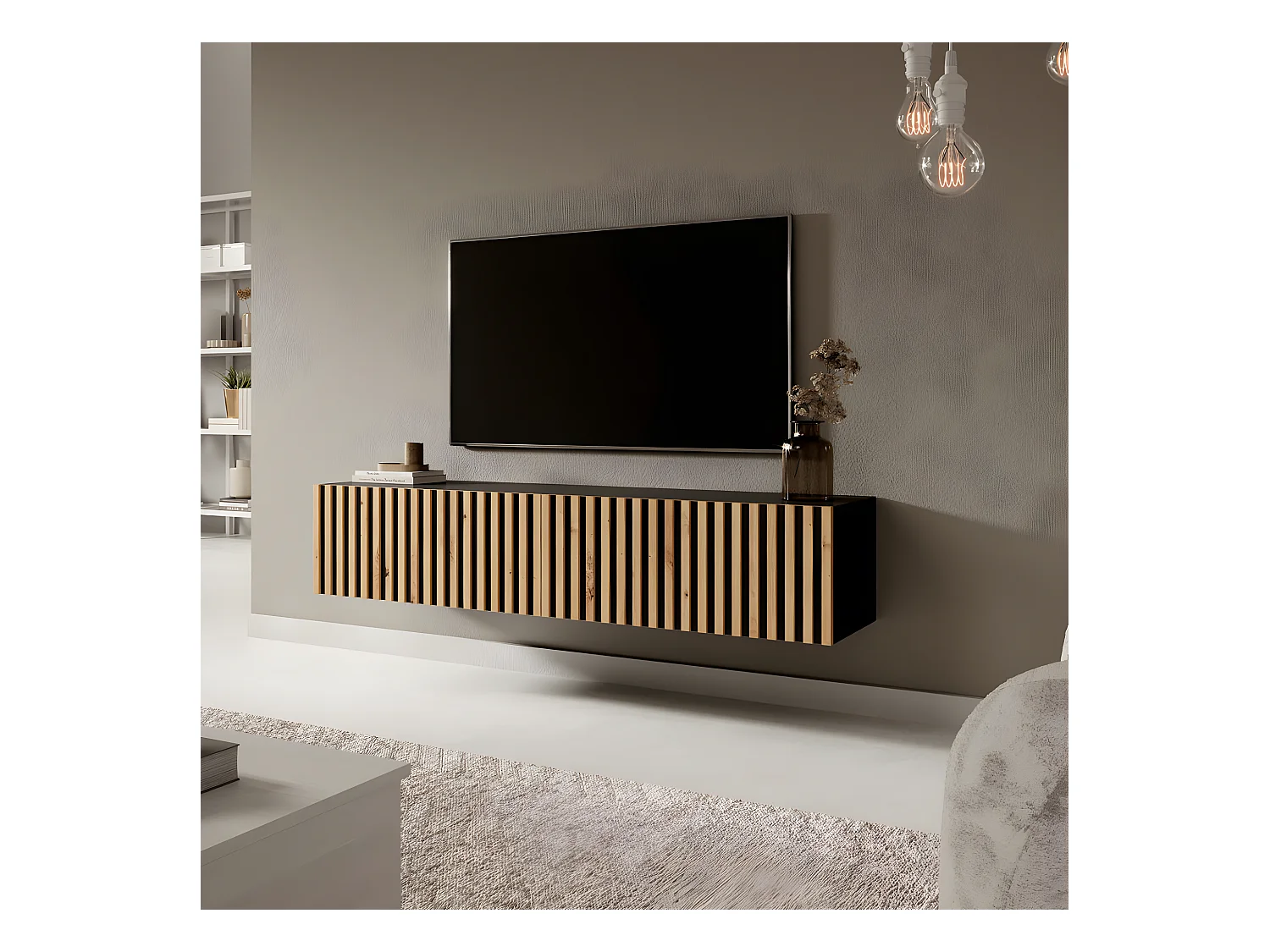 TV-Schrank - 140 cm - schwarz mit handwerklicher Eichen-Lamellenfront - Telire