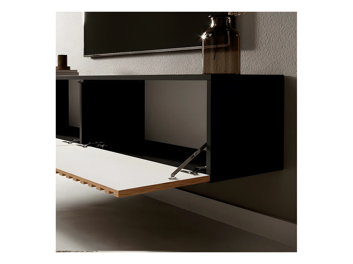 TV-Schrank - 140 cm - schwarz mit handwerklicher Eichen-Lamellenfront - Telire