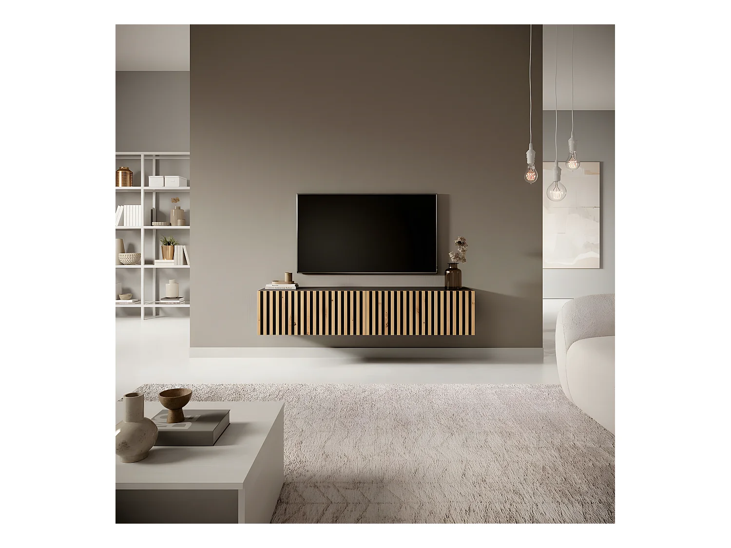 Meuble TV 140 cm - noir avec façade artisanale chêne fraisé - TELIRE