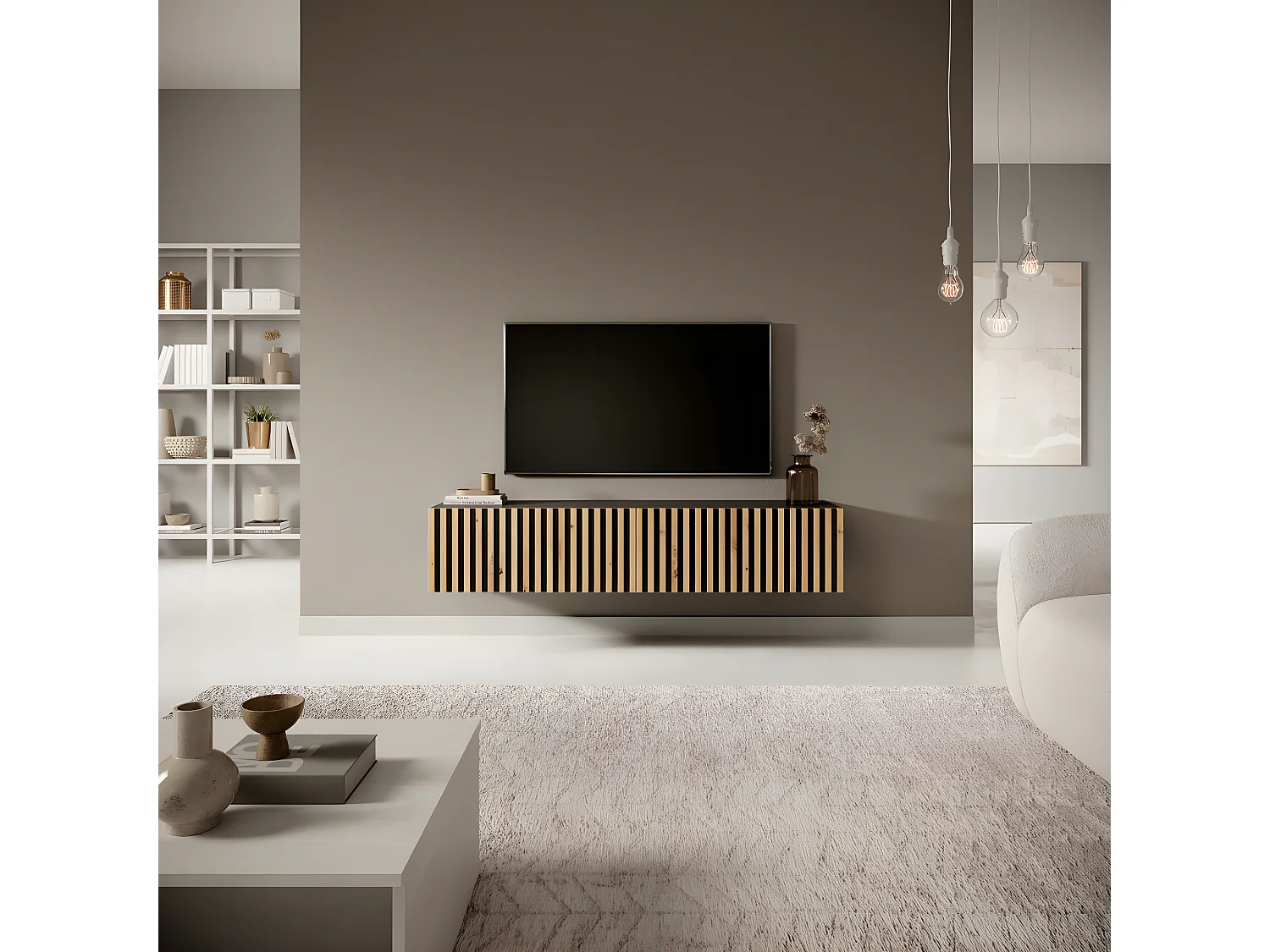 Meuble TV 140 cm - noir avec façade artisanale chêne fraisé - TELIRE