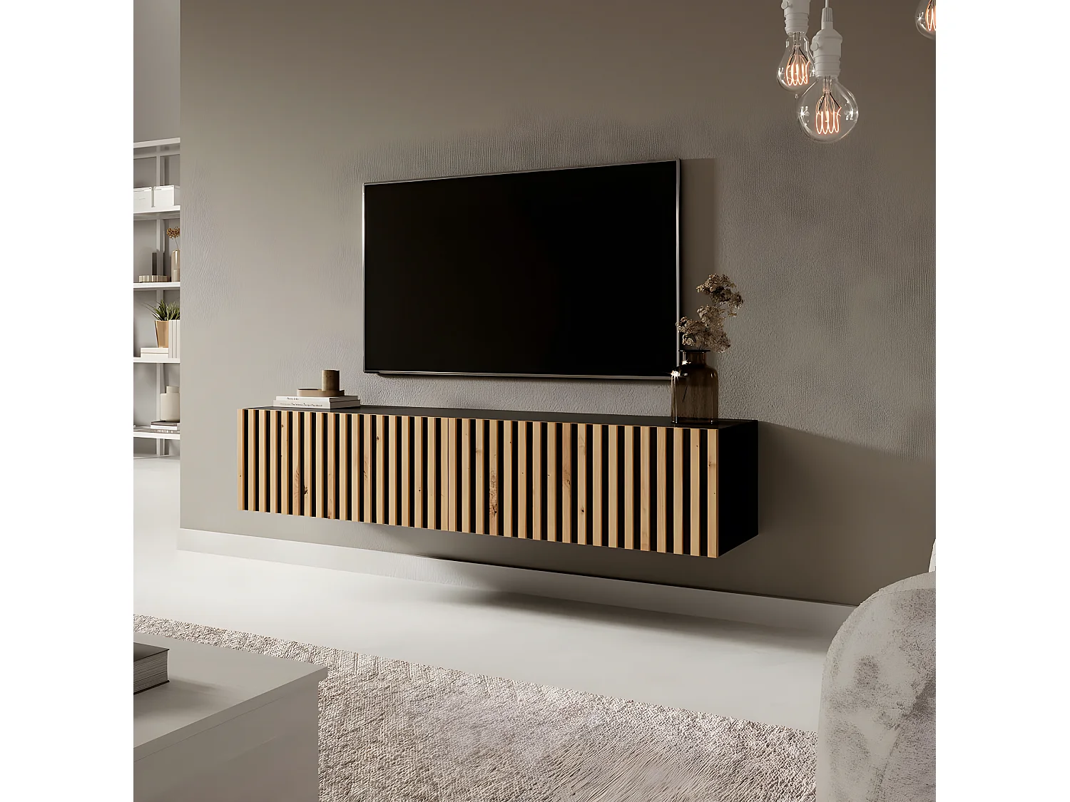 Meuble TV 140 cm - noir avec façade artisanale chêne fraisé - TELIRE