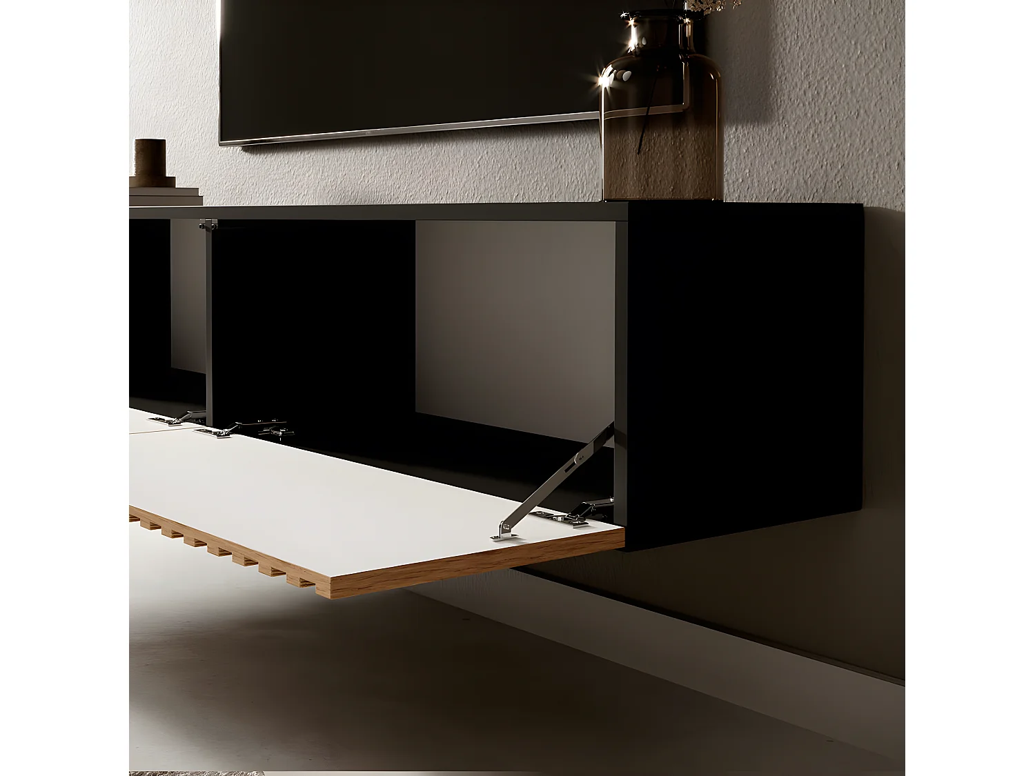 Meuble TV 140 cm - noir avec façade artisanale chêne fraisé - TELIRE